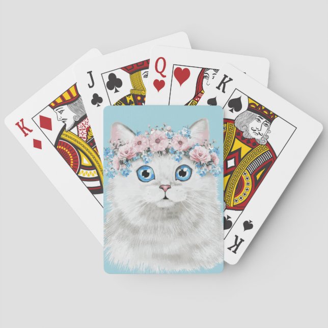 Baraja De Cartas Gato dulce blanco floral (Reverso)