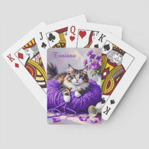 Baraja De Cartas Gato en hilo púrpura y flores