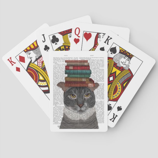 Baraja De Cartas Gato gris con libros en la cabeza (Reverso)