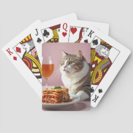Baraja De Cartas Gato gris puro con lasagna y vidrio de vino