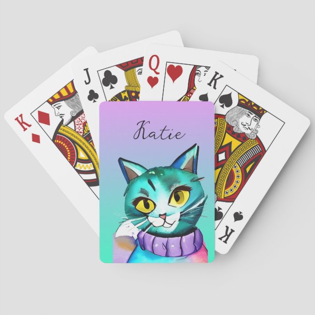 Baraja De Cartas Gato kitsch azul personalizado personalizado (Reverso)