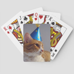 Baraja De Cartas Gato Lindo con Sombrero de Fiesta Azul Jugando Car