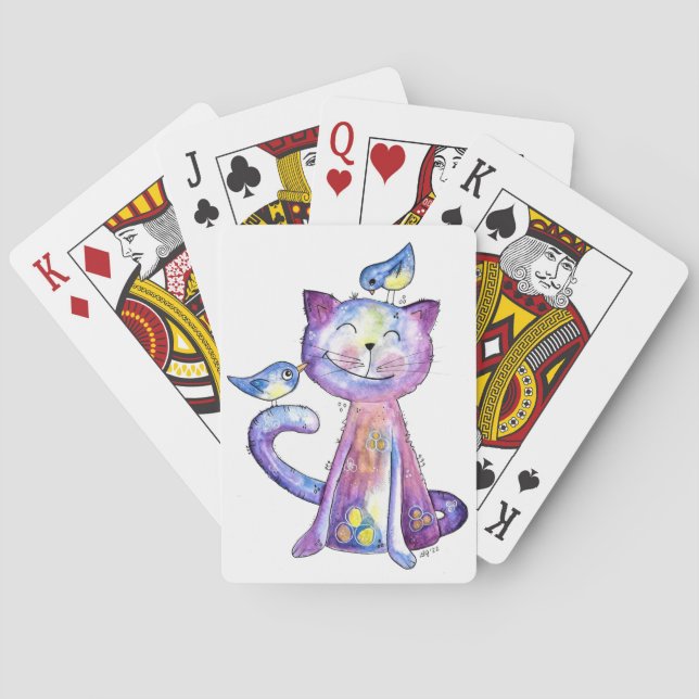 Baraja De Cartas Gato malva chiflado con pájaros (Reverso)