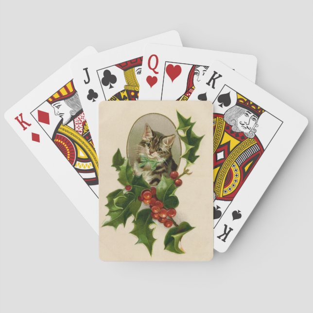 Baraja De Cartas Gato Navidades Merry Holly Kitten Arte Antiguo (Reverso)