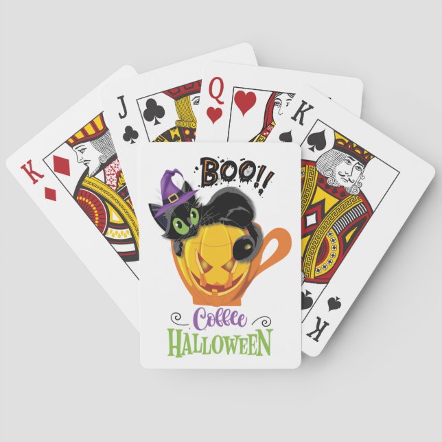 Baraja De Cartas Gato negro boo, calabaza temerosa café Halloween (Reverso)