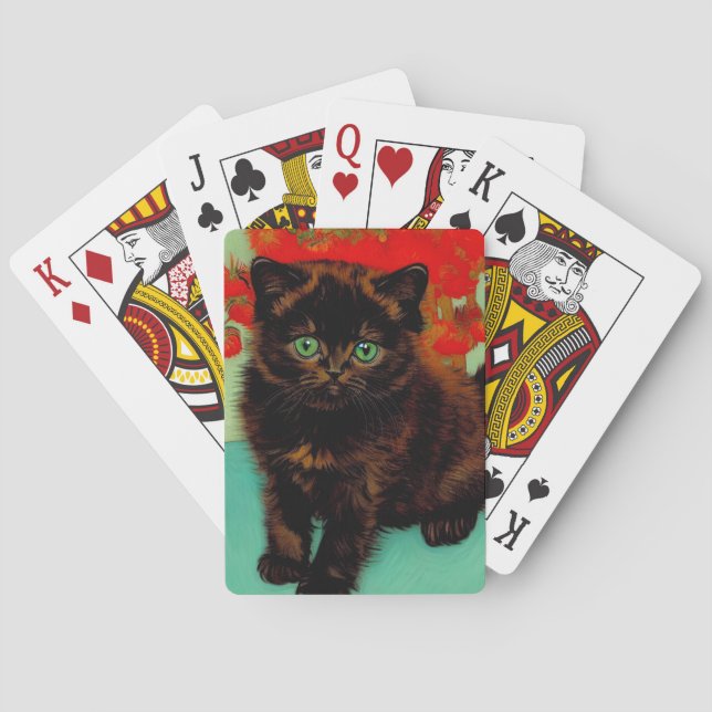 Baraja De Cartas Gato negro con flores rojas al estilo de Van Gogh (Reverso)