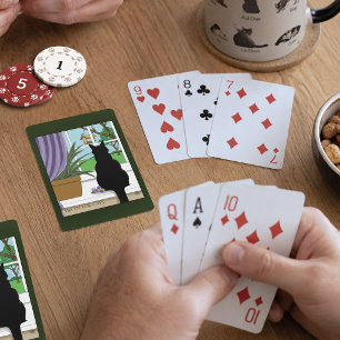Baraja De Cartas Gato negro curioso verde humorístico Ventana 