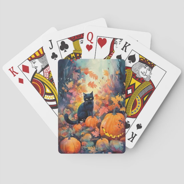 Baraja De Cartas Gato negro de Halloween con calabazas aterradoras (Reverso)