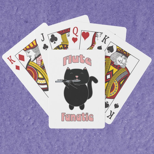 Baraja De Cartas Gato negro de instrumentos fluidos (A deck of playing cards featuring a black cat playing the flute with the words Flute Fanatic.)