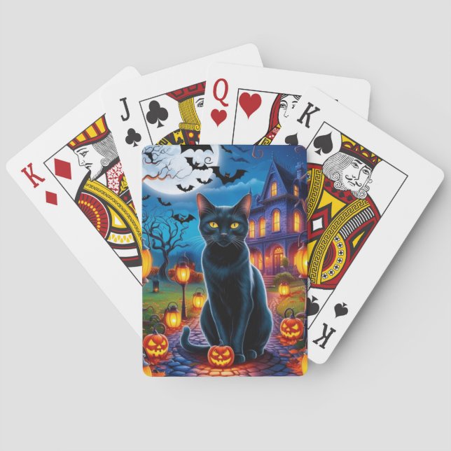 Baraja De Cartas Gato negro en el encantador paisaje de Halloween (Reverso)