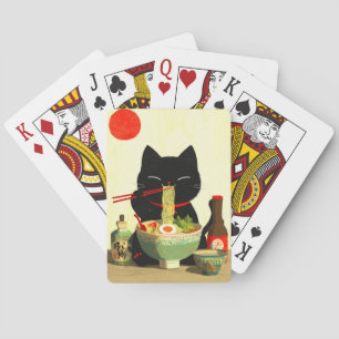 Baraja De Cartas Gato negro feliz comiendo Ramen   Ukiyo-e japonés