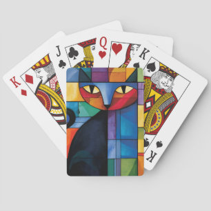 Baraja De Cartas Gato negro geométrico en vidrio emplomado en cuadr