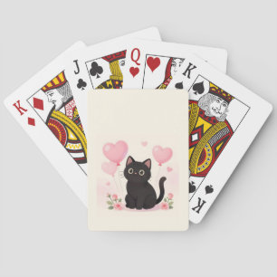 Baraja De Cartas Gato negro lindo con corazones y flores rosas