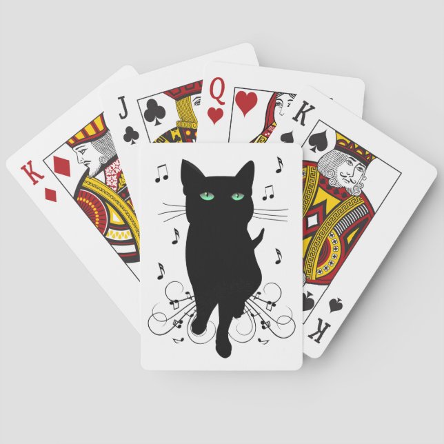 Baraja De Cartas Gato negro rodeado de notas susurrantes de música (Reverso)