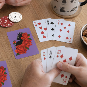 Baraja De Cartas Gato Negro Rosas Rojas Purpura