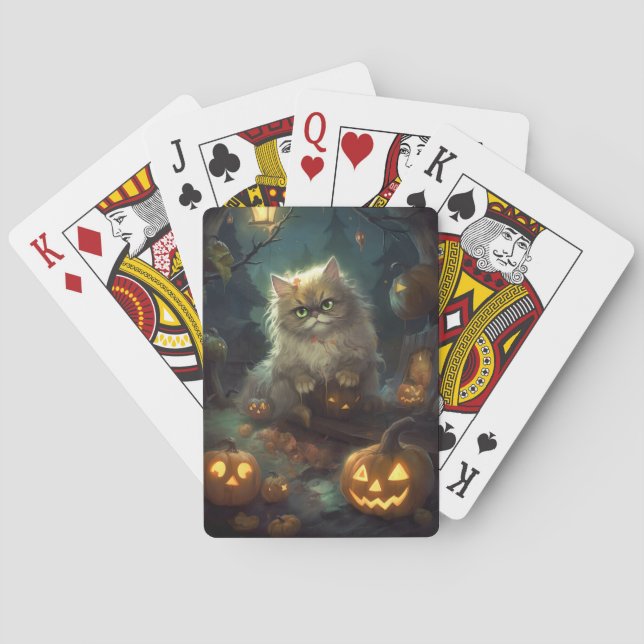 Baraja De Cartas Gato persa de Halloween con calabazas aterradoras (Reverso)