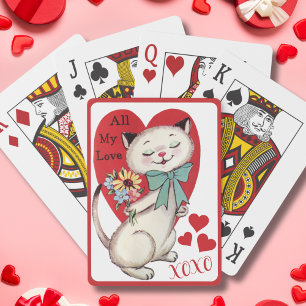 Baraja De Cartas Gato retro vintage con Día de San Valentín de flor