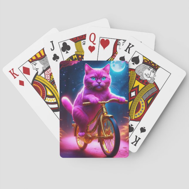 Baraja De Cartas Gato Rosado Montando En Bicicleta Dorada (Reverso)