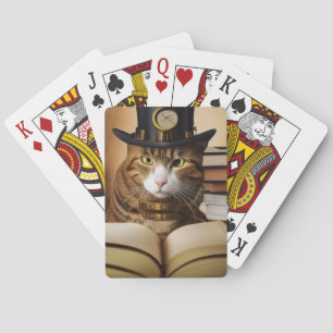 Baraja De Cartas Gato Steampunk con sombrero y libros