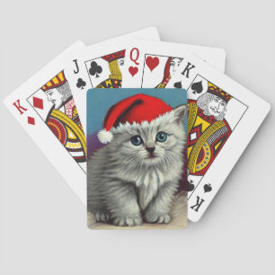 Baraja De Cartas Gato vintage de Navidad en Sombrero Santa