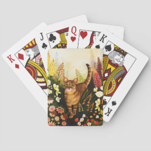Baraja De Cartas Gato Vintage En La Floreciente Acuarela Del Jardín