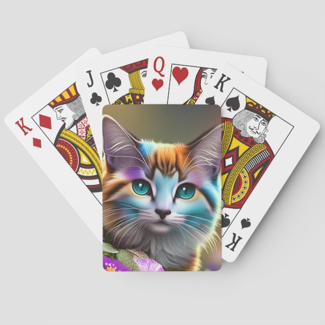 Baraja De Cartas gato y flores de calico azul y óxido (Reverso)