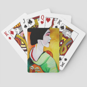 Baraja De Cartas Geisha japonesa con kimono verde arte original