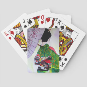 Baraja De Cartas Geisha japonesa con kimono y paraguas