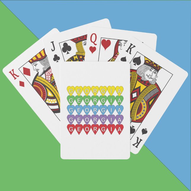 Baraja De Cartas Georgia Colorful Hearts (A deck of playing cards that say Georgia inside yellow, green, blue, purple and red hearts.)