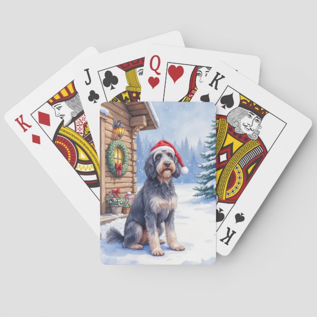 Baraja De Cartas German Wirehaired Pointer Snowy Lodge Santa Hat (Reverso)