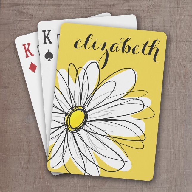 Baraja De Cartas Gimnasio amarillo y blanco con texto Personalizado (Whimsical Daisy Drawing with a place to add your name - personalized playing cards)