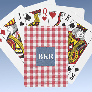 Baraja De Cartas Gingham Rojo y Blanco, Mezclilla Azul, Iniciales