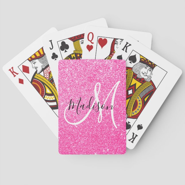 Baraja De Cartas Girly Glam Purpurina rosa caliente Esparkles Monog (Reverso)