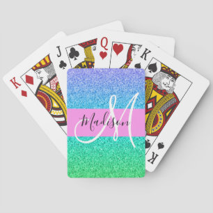 Baraja De Cartas Glam Azul Verde Brillo Destello Gradiente Monogram