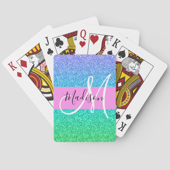 Baraja De Cartas Glam Azul Verde Brillo Destello Gradiente Monogram (Reverso)