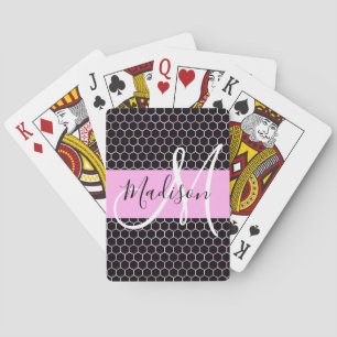 Baraja De Cartas Glam Negro Metálico Rosa Panal Monograma Nombre