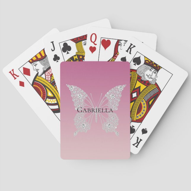 Baraja De Cartas Glam Pink Faux Diamonds Butterfly (Reverso)