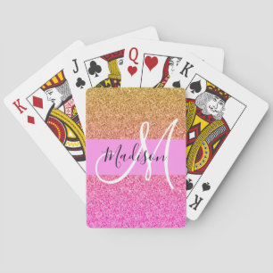 Baraja De Cartas Glam Pink & Gold Brillo Destello Gradiente Monogra