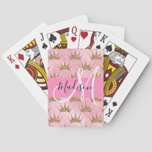 Baraja De Cartas Glam Pink & Gold Brillo Destellos Coronas Monogram