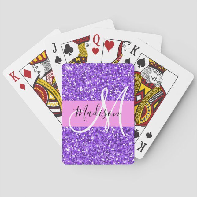 Baraja De Cartas Glam Purple & Pink Purpurina Sparkle Monograma Nom (Reverso)
