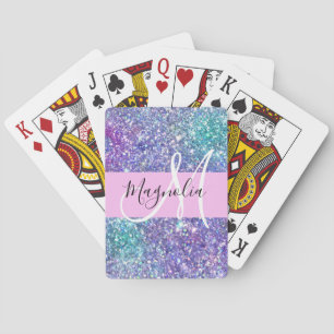 Baraja De Cartas Glam Purpura, Azul y Verde Glitter Brillante Monog