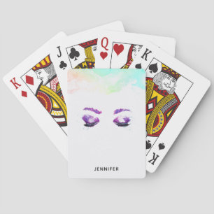 Baraja De Cartas Glamorosos Ojos Púrpuros y Flores Acuarela