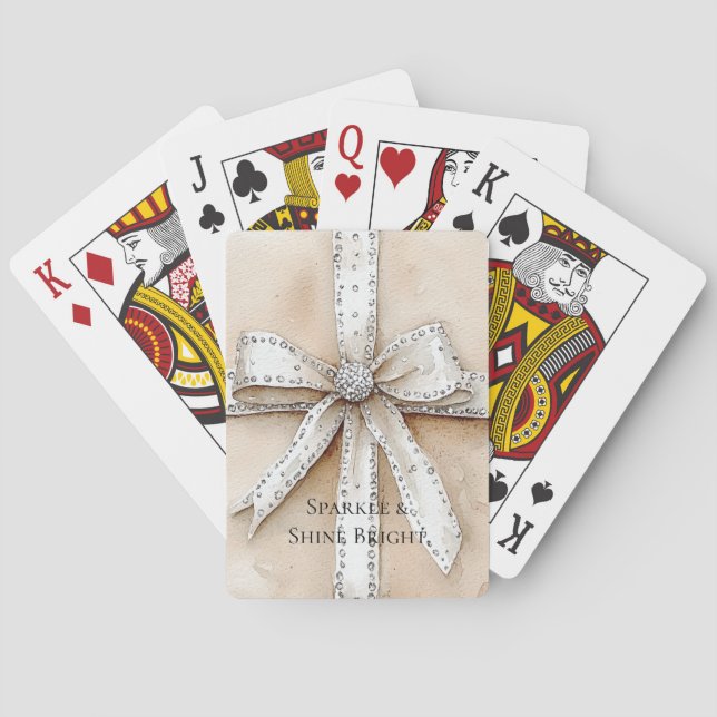 Baraja De Cartas Glitzy Glam Bow de plata blanca crema (Reverso)