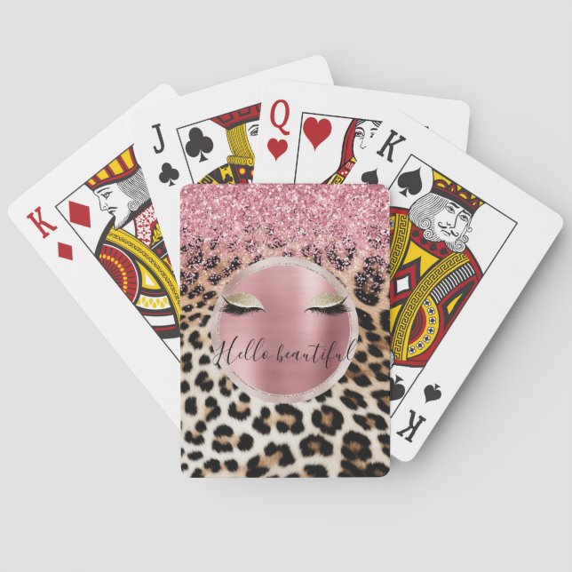 Baraja De Cartas Glitzy Purpurina Rosa Oro Eyelashes Leopardo (Reverso)