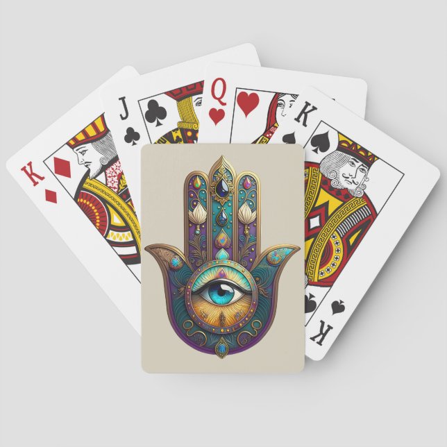 Baraja De Cartas Gold Violet Teal Hamsa w/ Turquoise Third Eye (Reverso)