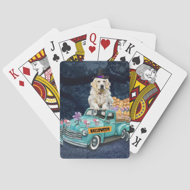 Baraja De Cartas Golden Retriever Dog Halloween Truck Scary Night (Reverso)
