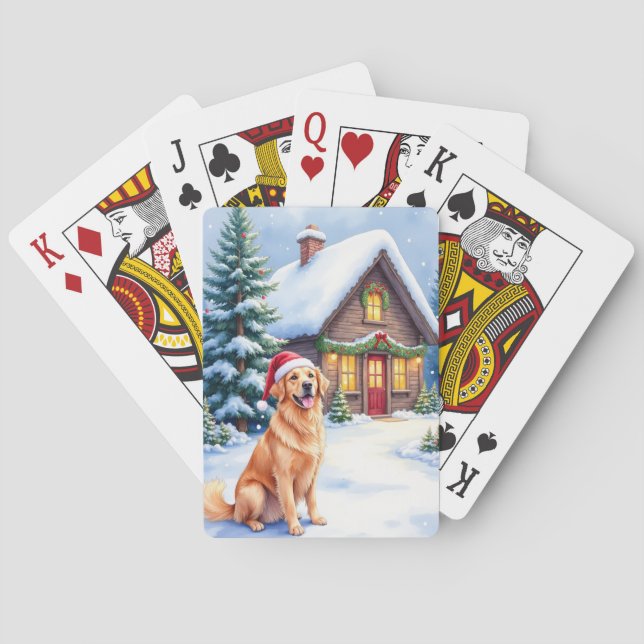 Baraja De Cartas Golden Retriever Rustic Cabin Santa Hat Christmas (Reverso)