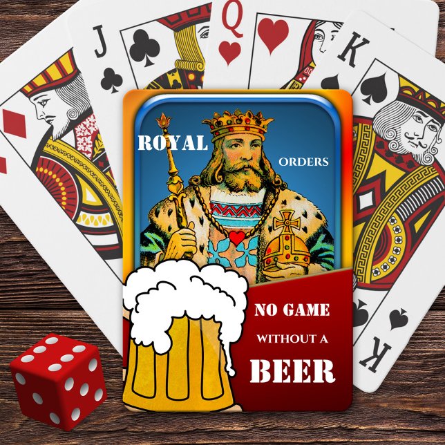 Baraja De Cartas Graciosa cubierta de cerveza King (Deck of playing cards featuring a colorful grunge design with a king with beer.)