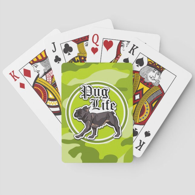 Baraja De Cartas Gracioso Pug; camo verde brillante, camuflaje (Reverso)