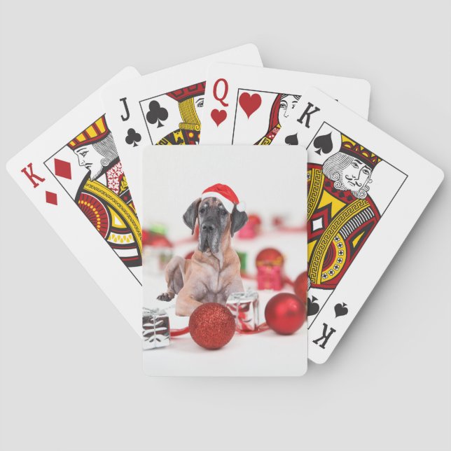Baraja De Cartas Gran perro danés con regalos de adornos navideños (Reverso)